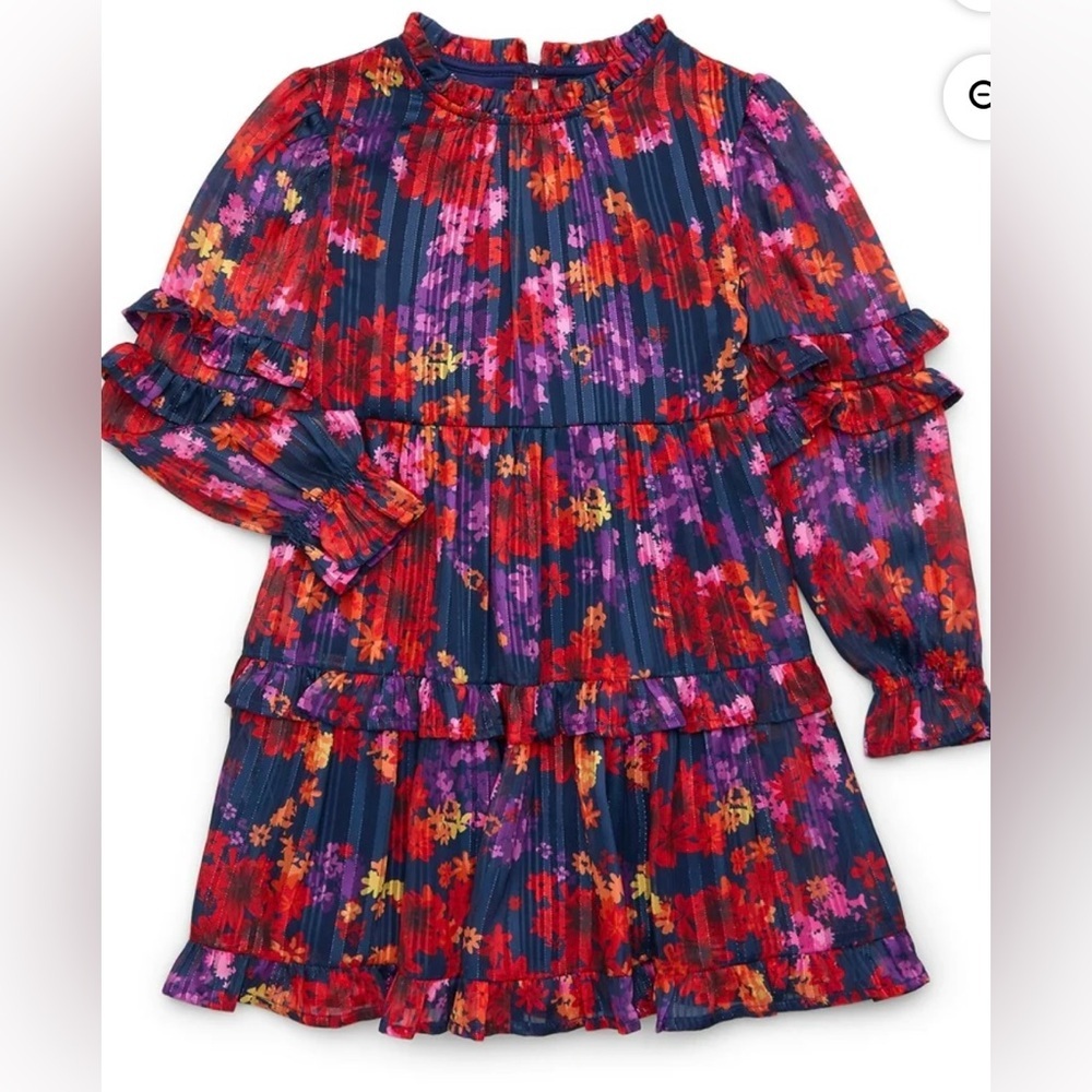 ZAC Kids‎ Girls Floral Pleated Dress Size 6-6X Blue Red Ruffle Long Sleeve NWT